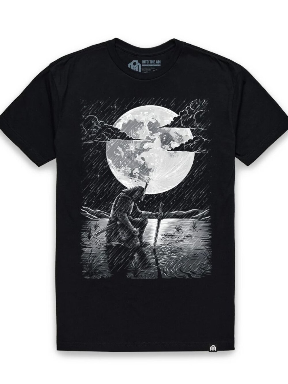 Black Kneeling Samurai Moonlit Rain Graphic Tee Warrior Art Shirt